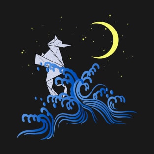 Origami seahorse with pattern, waves and moon T-Shirt