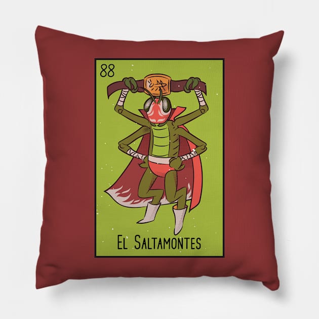 El Saltamontes // Mexican Luchador Grasshopper Loteria Card Pillow by SLAG_Creative