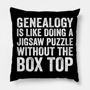 Funny Quote - Genealogy Is Like Doing A Jigsaw Puzzle Without The Box Top with Text Style White Font Pillow