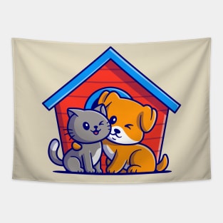 Cute Cat And Dog Cartoon Tapestry