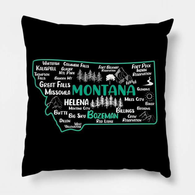 Cute map of Bozemian Montana, Helena, Missoula, Great Falls, Butte, Billings, Kalispell, Big Sky Pillow by BoogieCreates