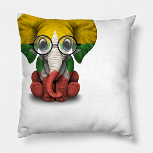 Baby Elephant with Glasses and Myanmar Flag Pillow