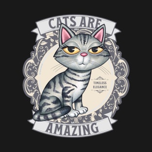 Cute Gray Tabby Kitty Cat on Design with Silver Cats are Amazing T-Shirt