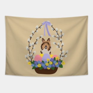 Rough Collie Dog with Easter Basket Made of Pussy Willow and Colorful Eggs Tapestry