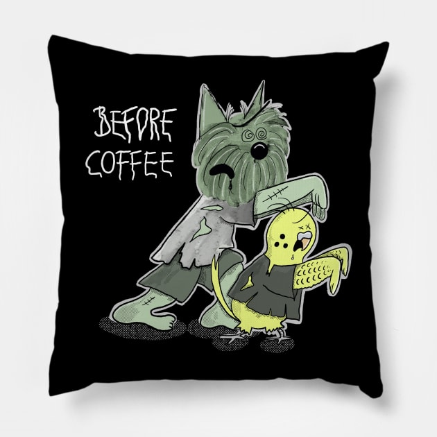 Before Coffee - Funny Zombie Scottie Dog and Budgie Pillow by Hallo Molly