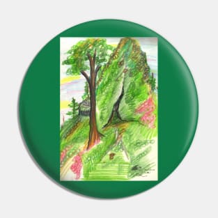 Green Grass Forest Land Trees Cave Mountain Woods Pink Sky Rock Colored Pencil Pin