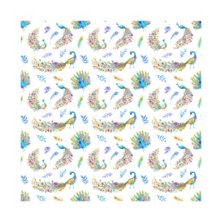 Pastel Colored Floral Peacocks Pattern T-Shirt