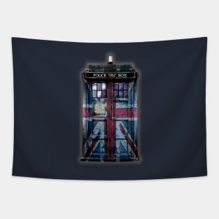 Blue Phone Booth with rustic british flag paint Tapestry