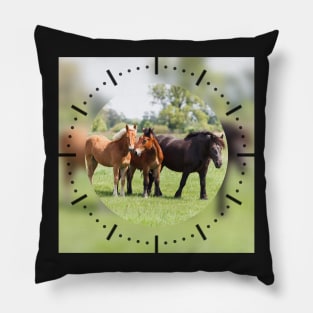 Three horses on pasture looking at camera Pillow