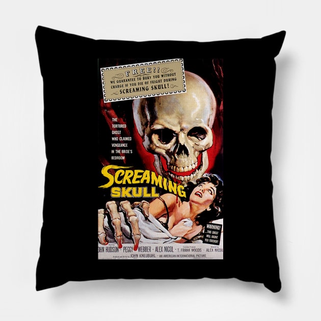 Classic Horror Movie Poster - The Screaming Skull Pillow by Starbase79