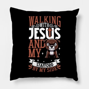 Jesus and dog - Staffordshire Bull Terrier Pillow