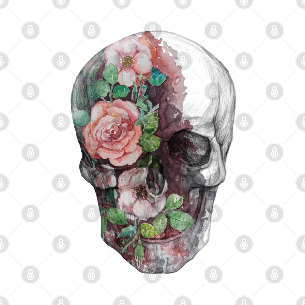 Skull in flowers, watercolor by kdegtiareva