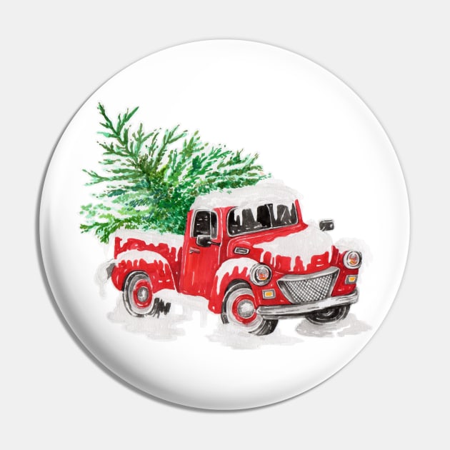 Snow Covered Vintage Retro Red Farm Pickup Truck with Christmas Tree Pin by SpacemanTees