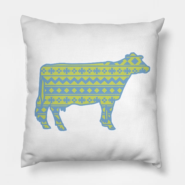 Dairy Cow Silhouette with Blue & Green Southwest Pattern Pillow by SAMMO