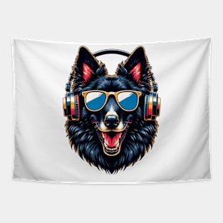 Belgian Sheepdog Smiling DJ with Headphones and Sunglasses Tapestry