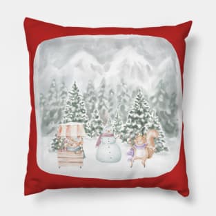 xmas holidays with squirrel, pig and snowman Pillow