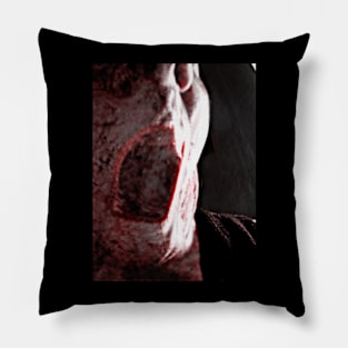 Portrait, digital collage and special processing. Mouth closeup. Rage, demon, brutal. Very bright, white and red. Pillow