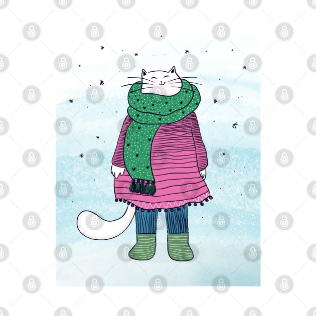 White cat in the snow by iulistration