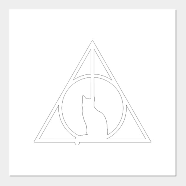 Harry Potter Deathly Hallows With Cat Black Outline Sihlouette Elder Wand Invisibility Cloak Resurrection Stone Potterhead Hogwarts Cats Lover Animals Lover Deathly Hallows Affiche Et Impression D Art Teepublic Fr