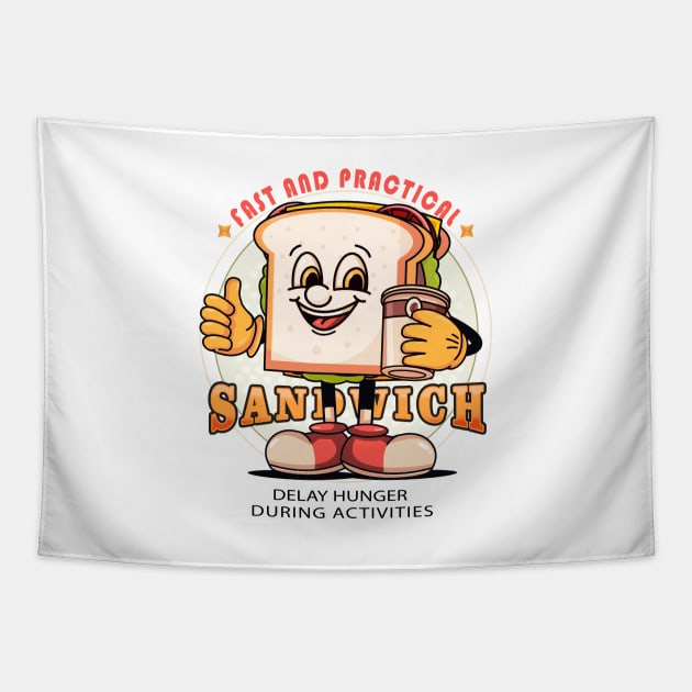 Sandwich, the cartoon sandwich mascot holding a coffee cup Tapestry by Vyndesign