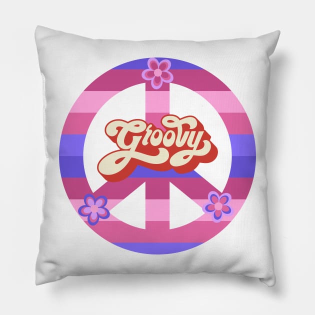 Groovy Pink Peace Sign - Vintage Love White Pillow by EvolvedandLovingIt