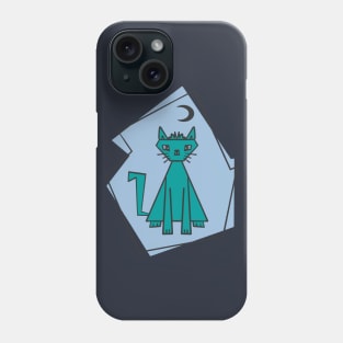 Geometric shape teal cut cat with black half moon Phone Case