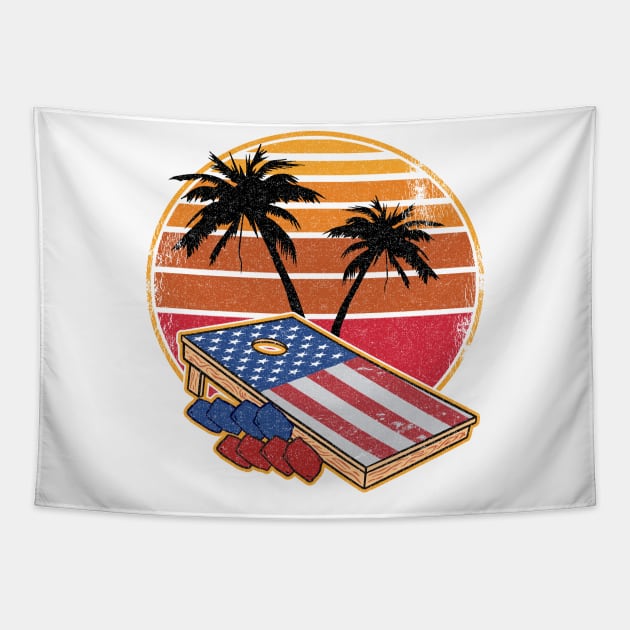 Retro Vintage Sunset Corn Hole Board American Flag Cornhole Tapestry by Kuehni