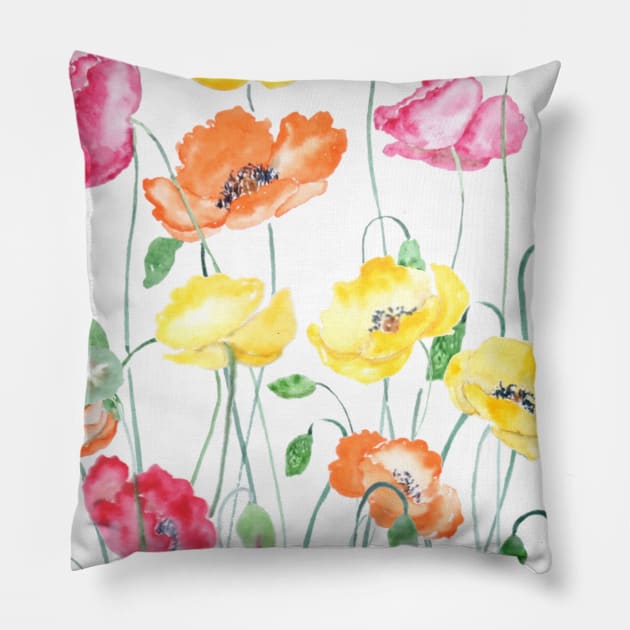 yellow orange and red cosmos flowers watercolor painting Pillow by colorandcolor