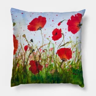 Poppy field watercolor Pillow