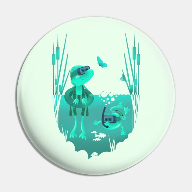 Cute frogs swimming in the pond with diving equipment Pin by pencildog