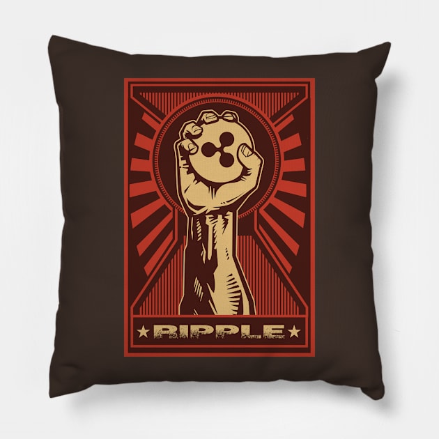 Ripple Coin: Propaganda style triumphant fist clutching a Ripple coin Pillow by DesignbyDarryl