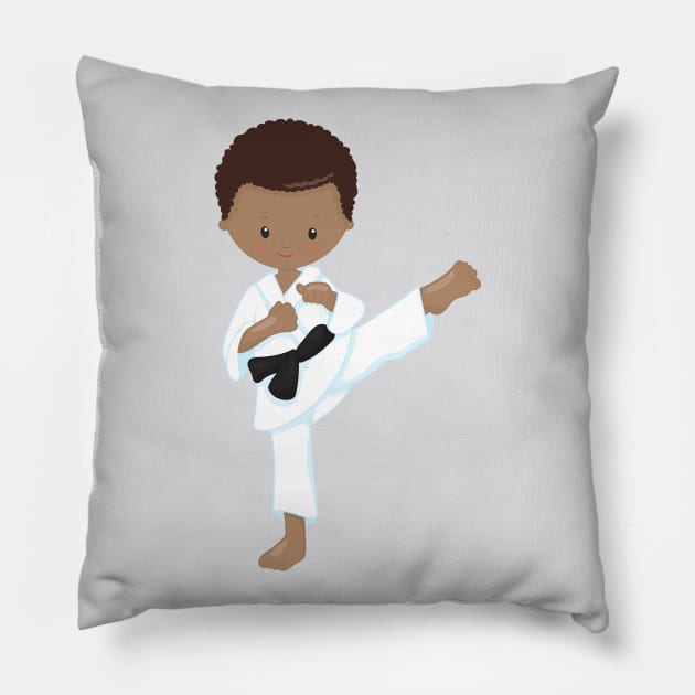 African American Boy, Karate Boy, Black Belt, Kata Pillow by Jelena Dunčević