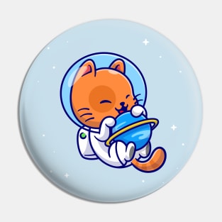 Cute Cat Astronaut Hug Planet In Space Cartoon Pin