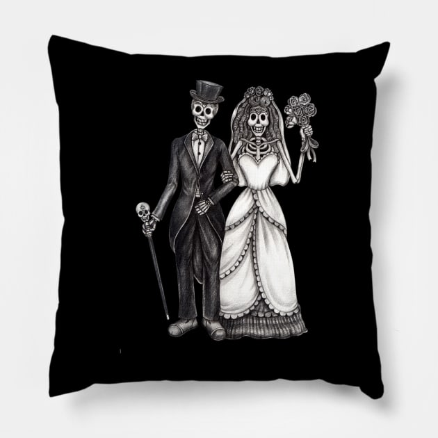 Sugar skull couple wedding celebration day of the dead. Pillow by Jiewsurreal