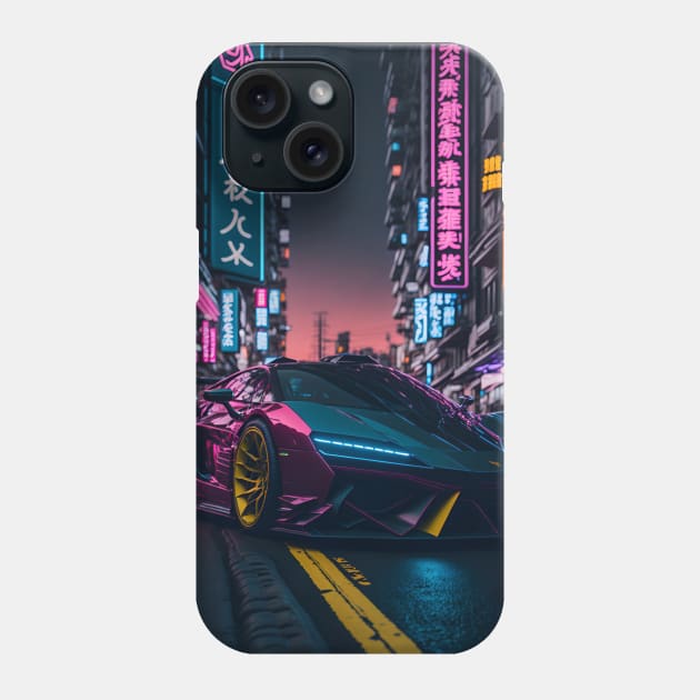 Dark Neon Sports Car in Japanese Neon City Phone Case by star trek fanart and more