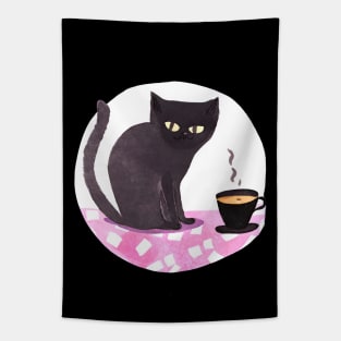 Cute Watercolor Coffee Cup and Black Cat Tapestry