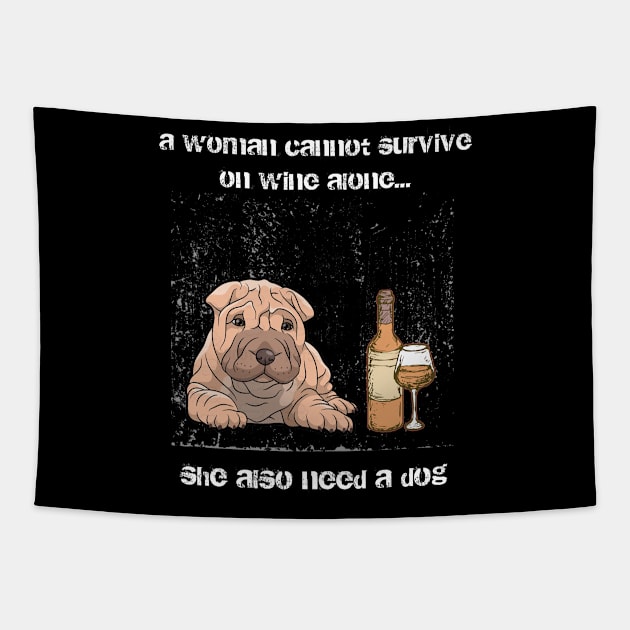 A woman cannot survive on wine alone bull dog Tapestry by andrelisser