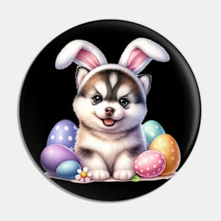 Puppy Siberian Husky Bunny Ears Easter Eggs Happy Easter Day Pin