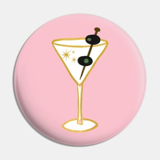 Glam Retro Faux Gold Martini Cocktail Drink Glass With two Black Olives Illustration Pin