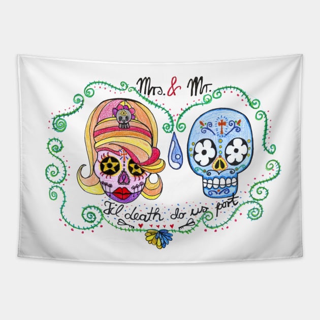 Till death do us part calavera colorful skull Tapestry by BalumbaArt