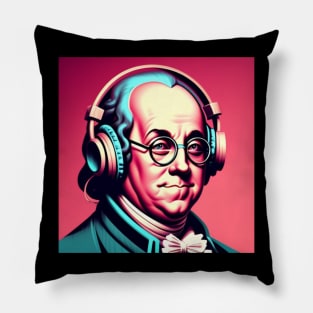 Pink Benjamin Franklin Wearing Headphones Pillow