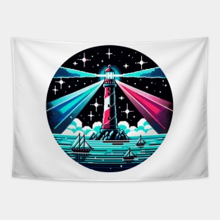 Neon Lighthouse Harbor Night Art Tapestry