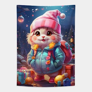 Cute Cat in Winter Clothes with Christmas Gifts Tapestry