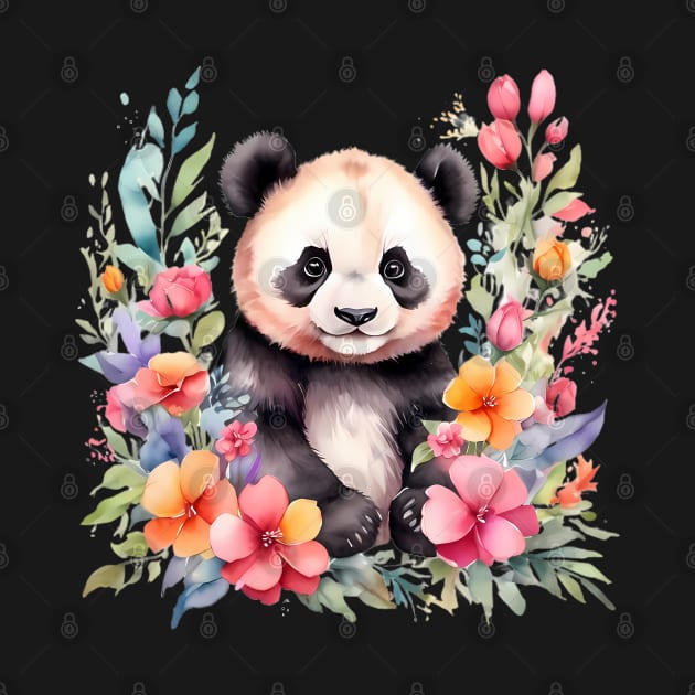 A panda bear decorated with beautiful watercolor flowers by CreativeSparkzz