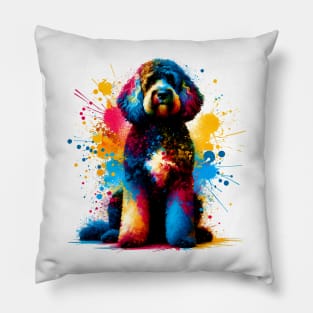 Spanish Water Dog in Colorful Splash Art Style Pillow