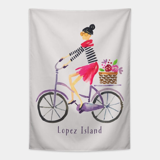 Lopez Island, San Juan Islands, WA Cute Girl on a Bike Tapestry by Pine Hill Goods