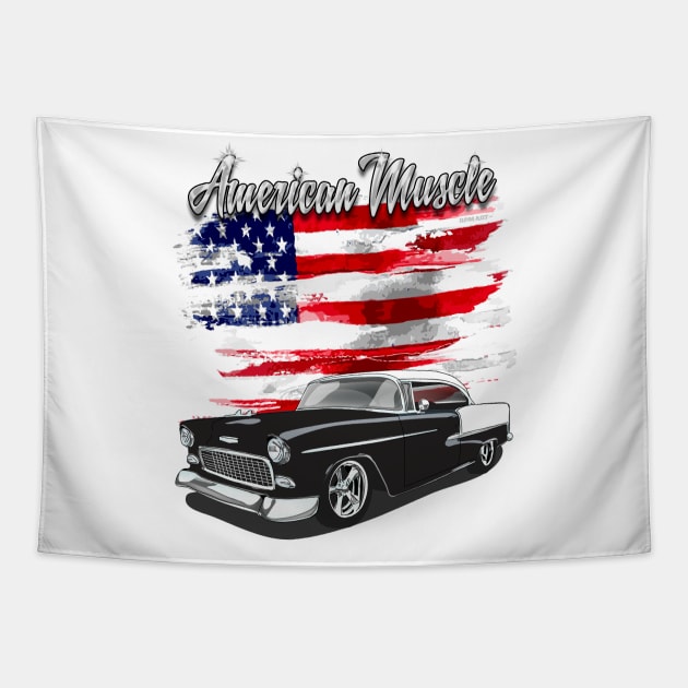 1955 Black and White Chevy Bel Air American Muscle Print Tapestry by RPM-ART