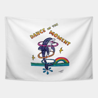 Dance in the Moment - Cute Whimsical Dolphin Watercolor Illustration Tapestry