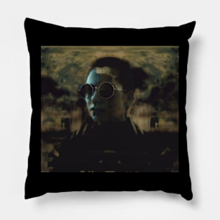 Beautiful girl with round glasses. Dark, like in night dream. Yellow, brown and aqua. Pillow