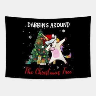 Dabbing Unicorn Around The Christmas Tree Funny Tapestry